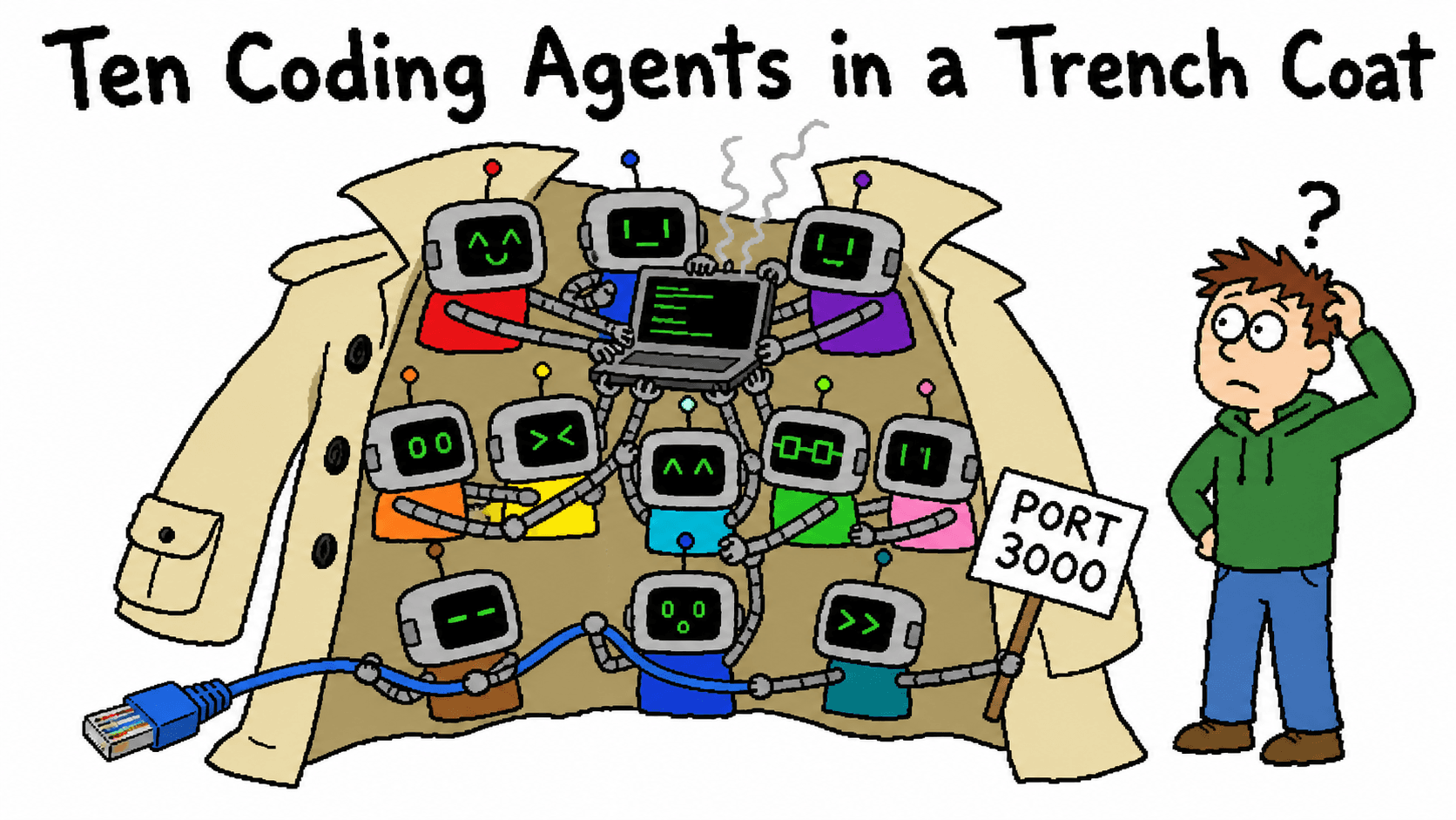Ten tiny coding-agent robots fighting over one laptop inside an oversized trench coat