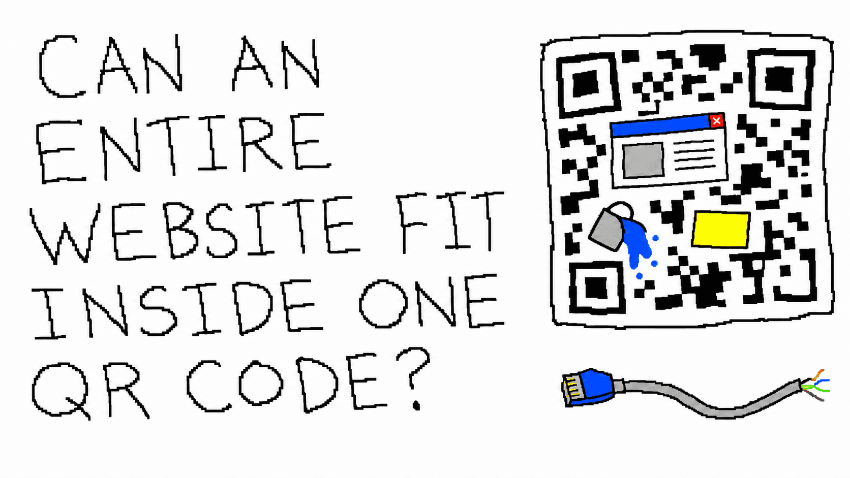 A deliberately terrible MS Paint-style title card showing a complete website crammed inside a QR code