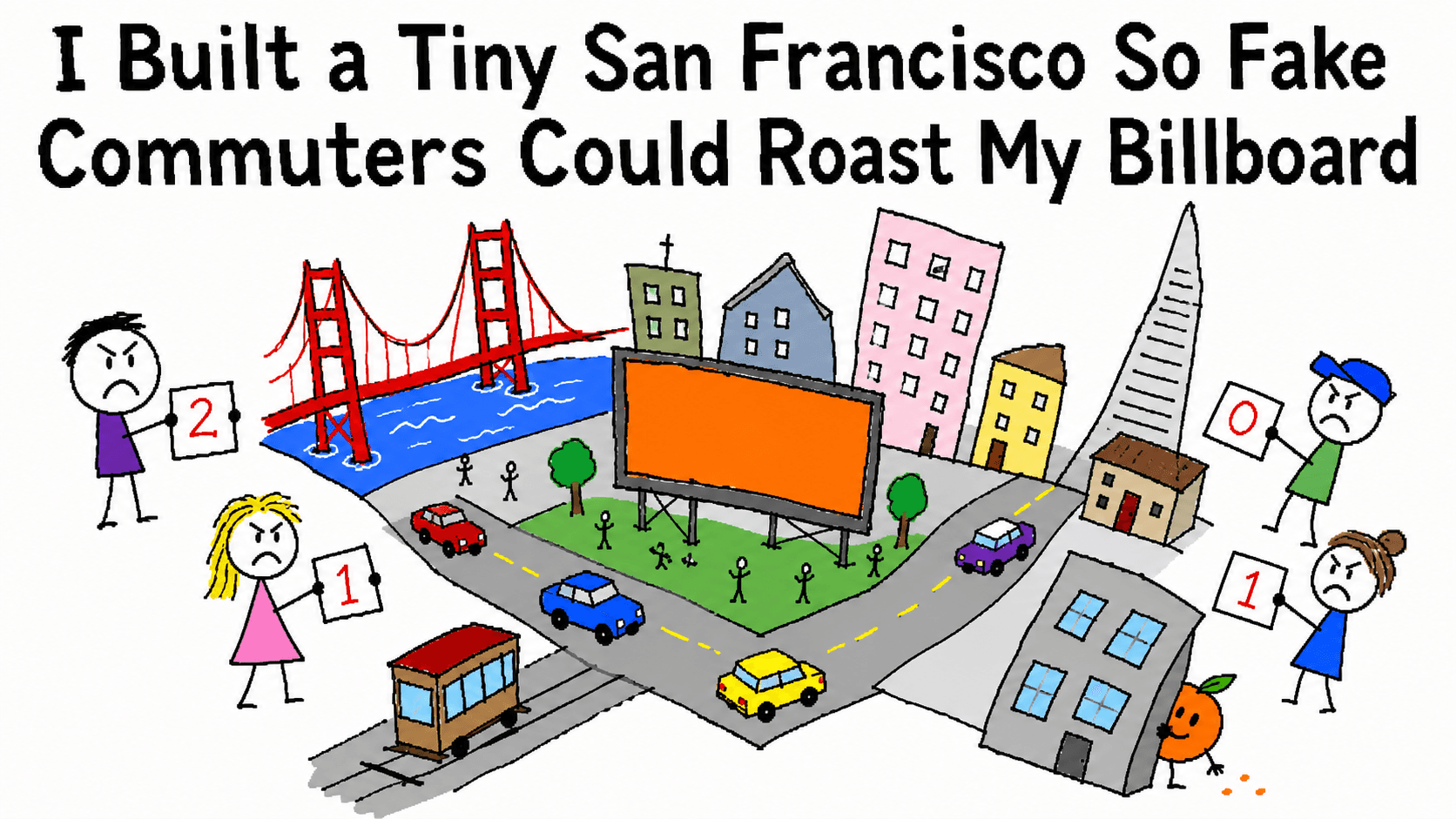 A deliberately terrible MS Paint drawing of a tiny San Francisco where four fake commuters angrily score an orange billboard