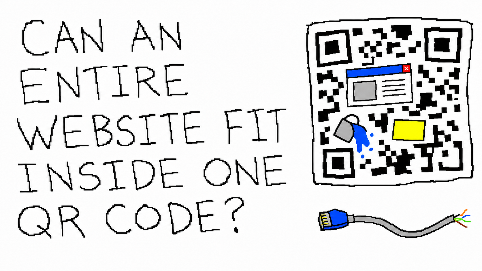 A deliberately terrible MS Paint-style title card showing a complete website crammed inside a QR code