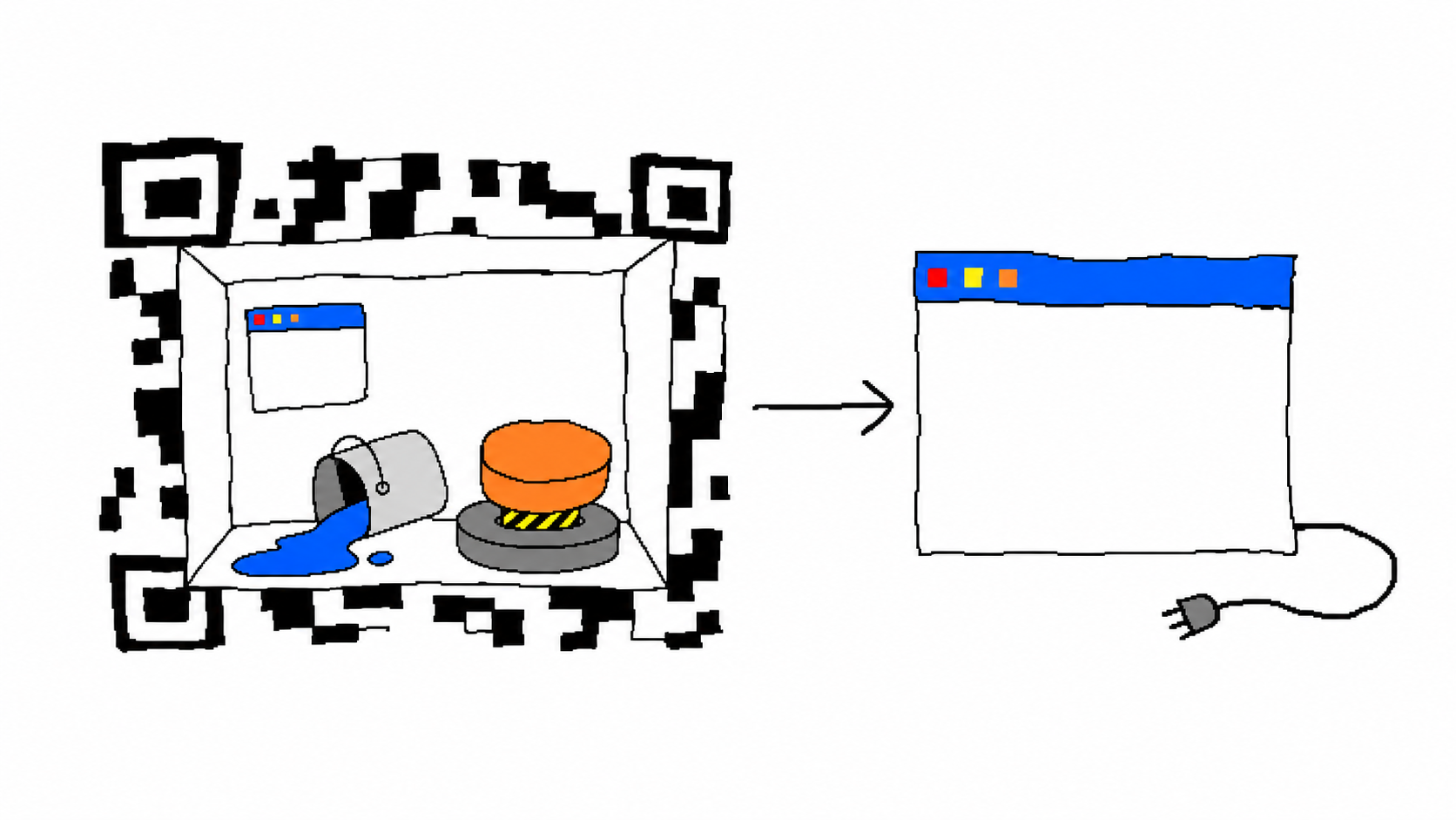 A clumsy MS Paint drawing of a tiny website crammed inside a QR code while its internet cable hangs unplugged