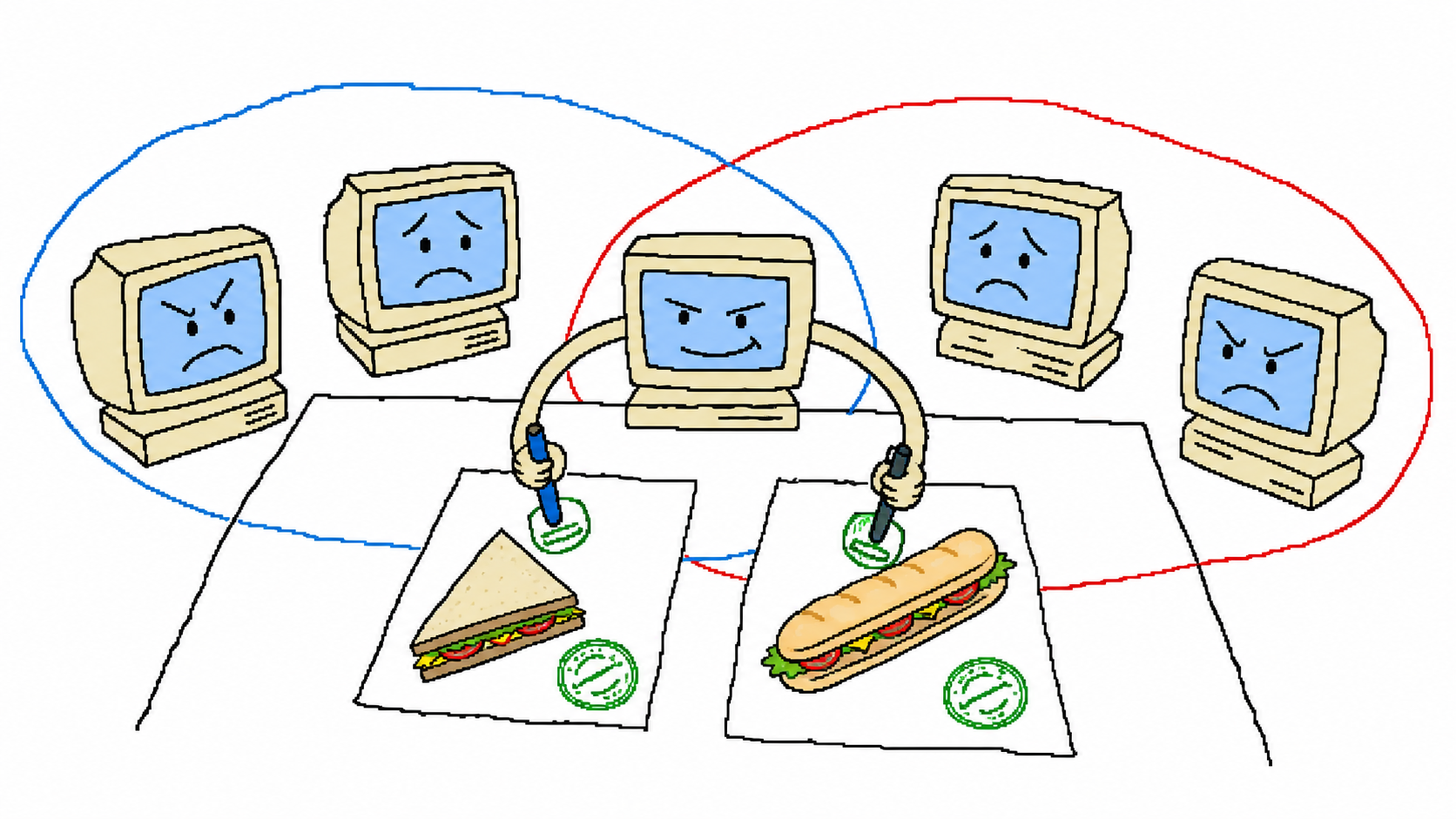 The middle computer uses two pens to approve both sandwich ballots while four other computers look angry inside overlapping colored loops