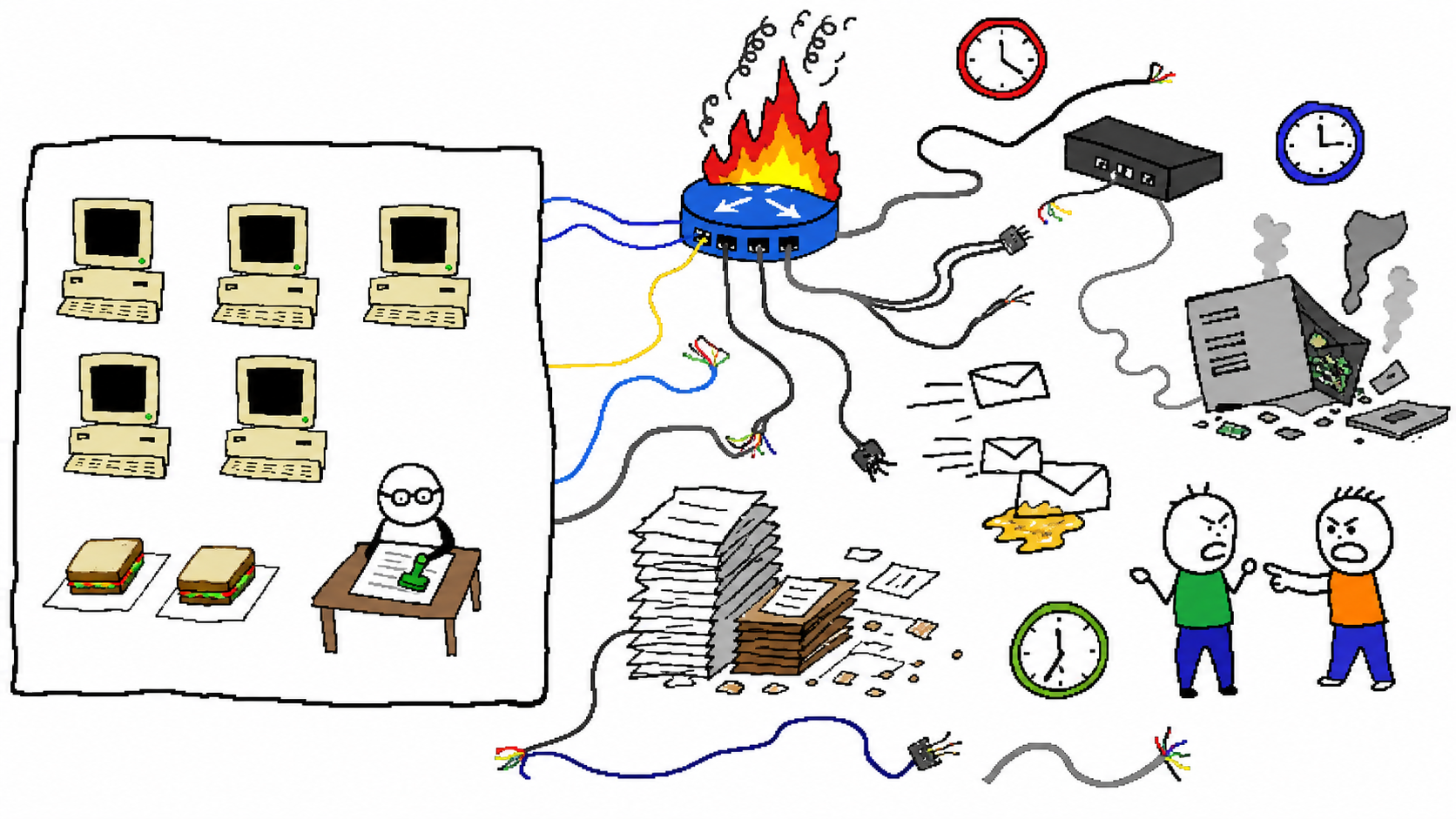 A small box containing five computers and a calm theorem checker beside a much larger mess of burning routers, broken cables, clocks, logs, delayed envelopes, and arguing humans