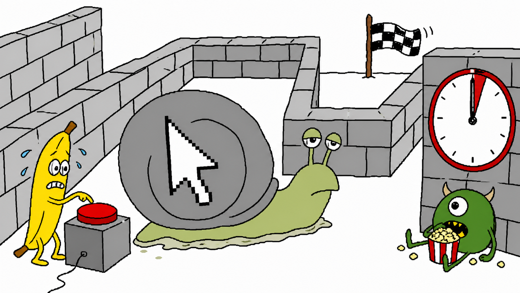 A mouse-drawn banana and red switch are blocked in a maze by a snail with a cursor shell while a clock expires