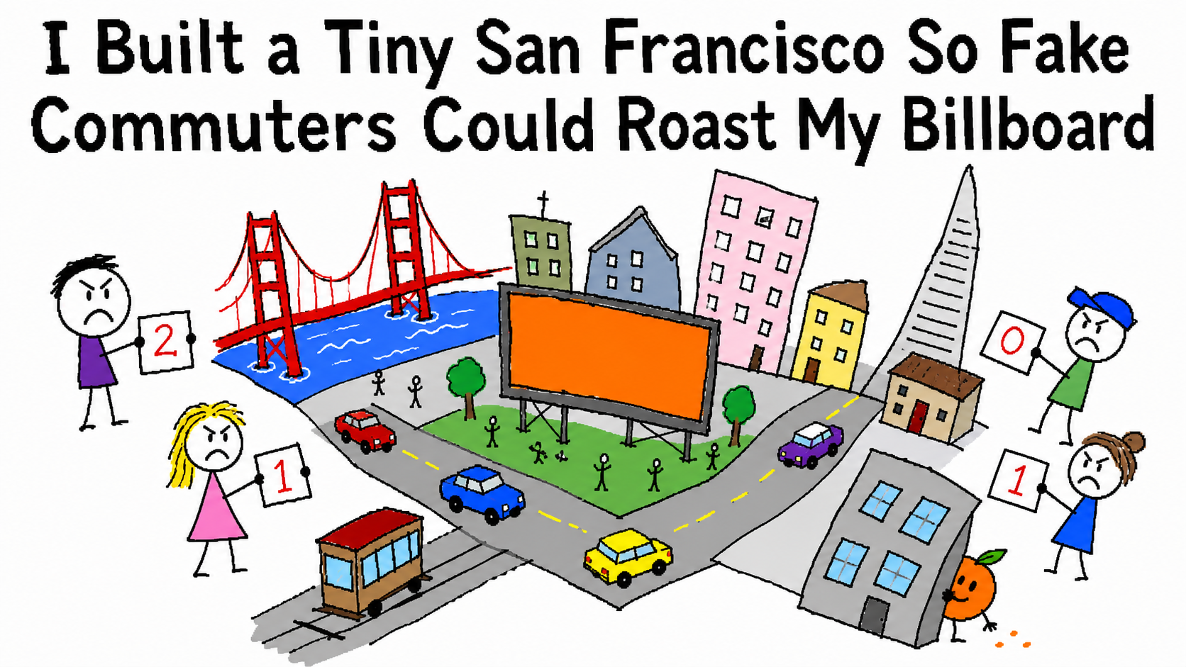 A deliberately terrible MS Paint drawing of a tiny San Francisco where four fake commuters angrily score an orange billboard
