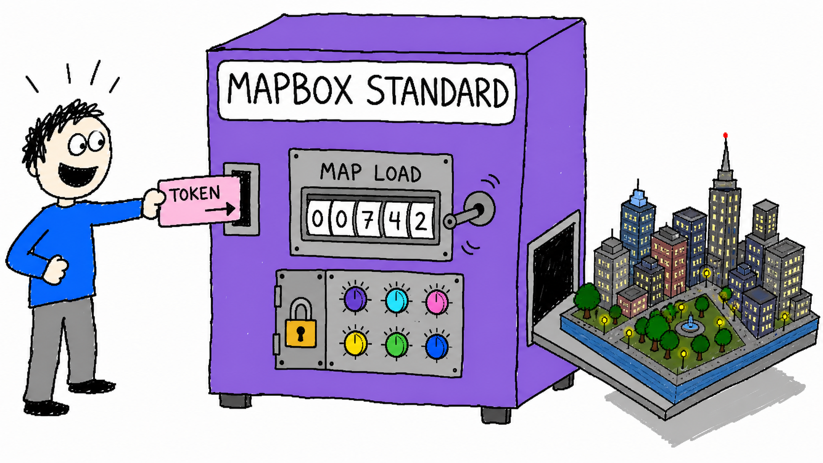 A deliberately bad MS Paint vending machine labeled MAPBOX STANDARD that dispenses a 3D city after receiving a TOKEN card, with locked customization knobs and a MAP LOAD counter