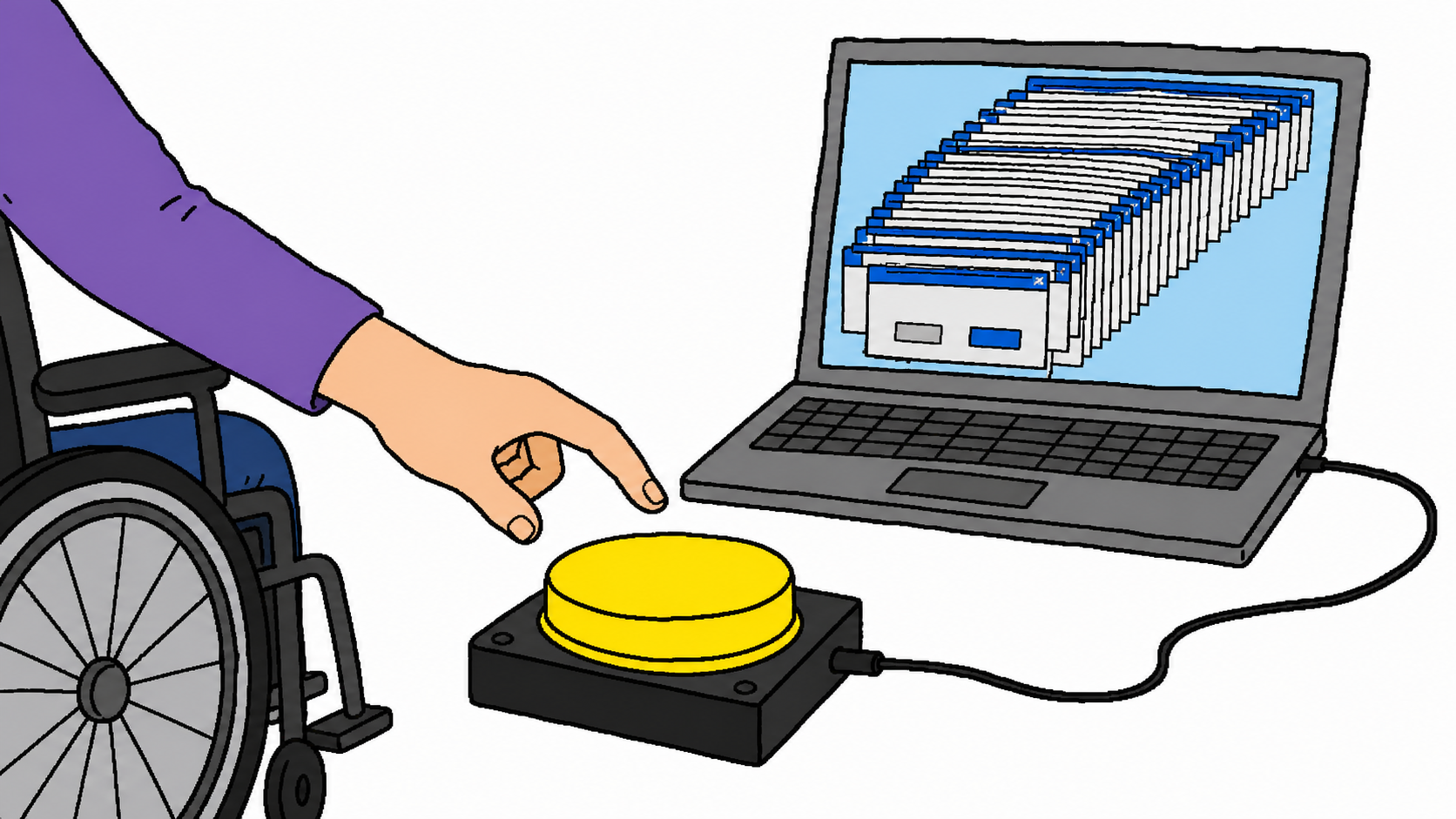 A large yellow assistive switch connected to a laptop covered by many confirmation dialogs
