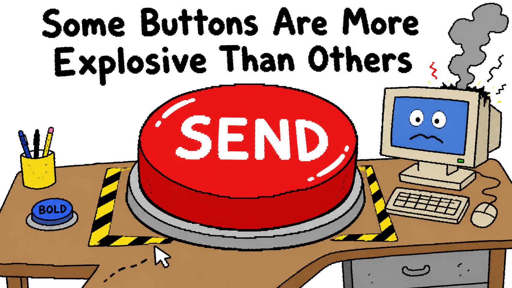 A clumsy MS Paint-style comparison of a harmless formatting button and a dangerous send button