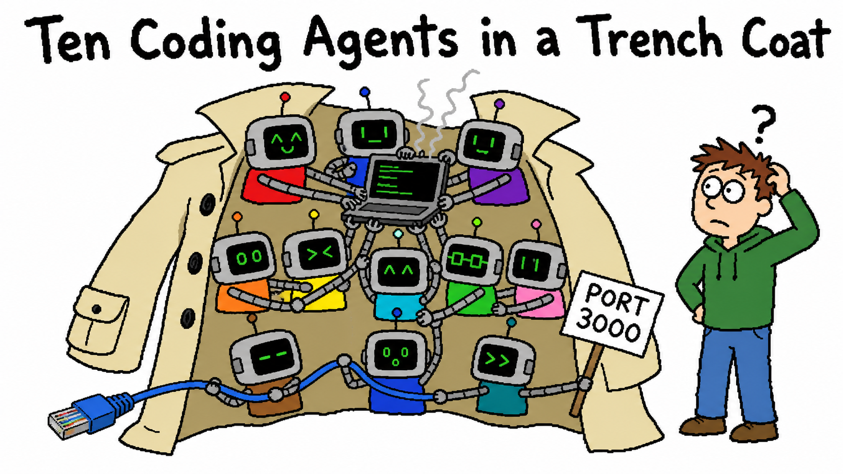 Ten tiny coding-agent robots fighting over one laptop inside an oversized trench coat