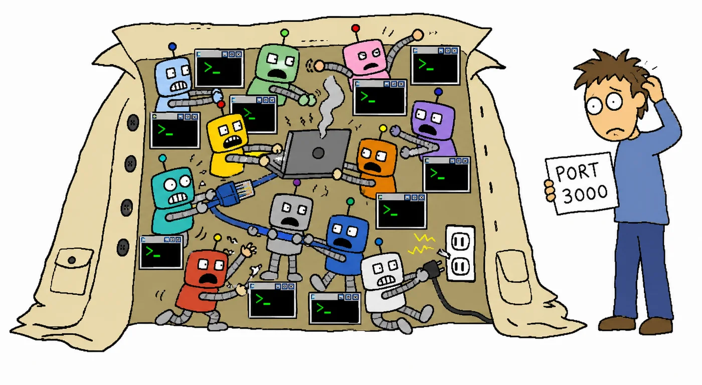 Ten tiny coding-agent robots fighting over one smoking laptop inside an oversized trench coat