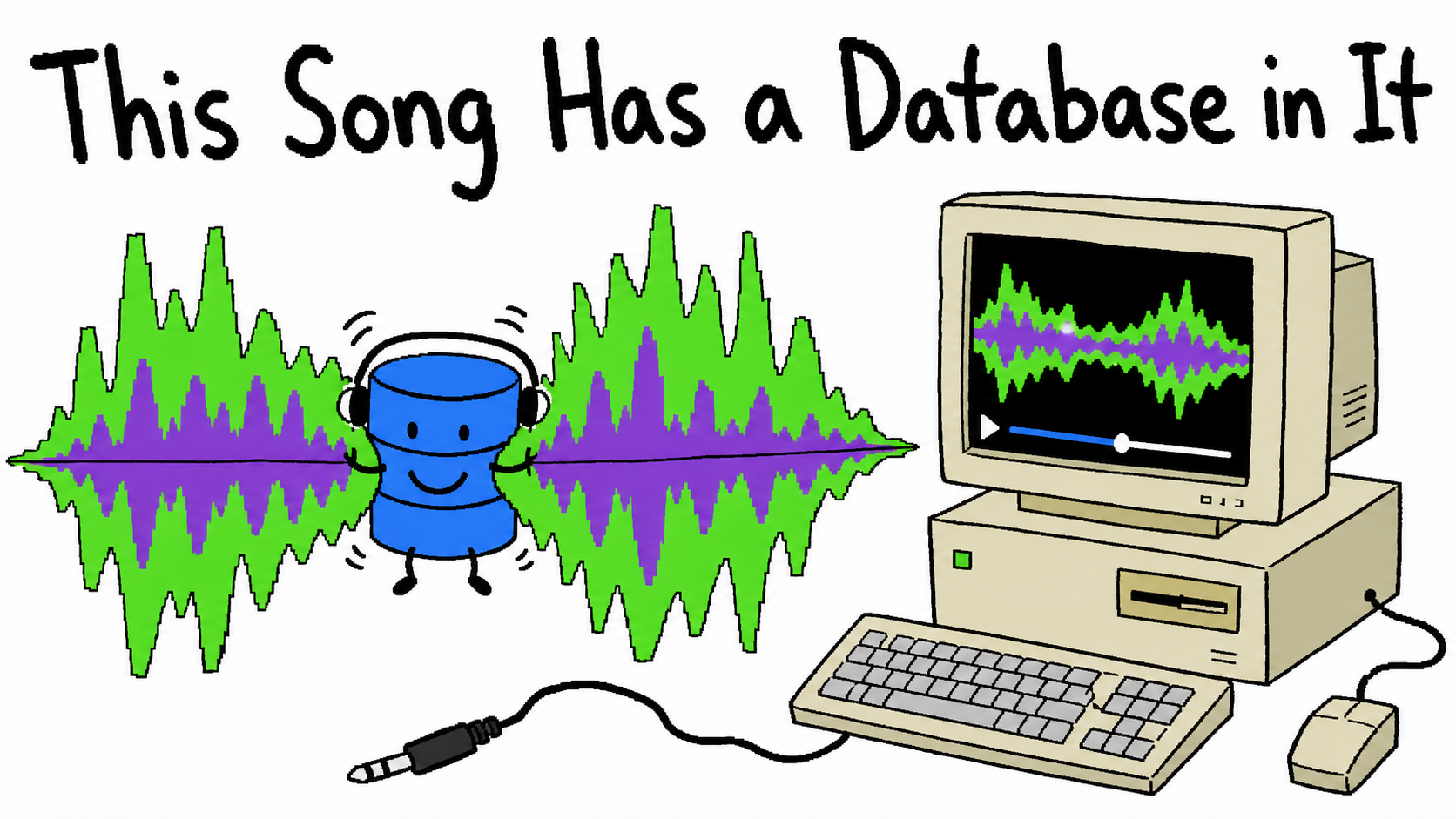 A deliberately bad MS Paint drawing of a smiling blue database wearing headphones inside a green and purple song waveform beside an old computer