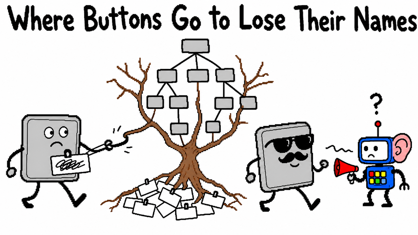 A deliberately terrible MS Paint drawing of a button walking under a tree that steals its name tag while a confused screen-reader robot waits on the other side