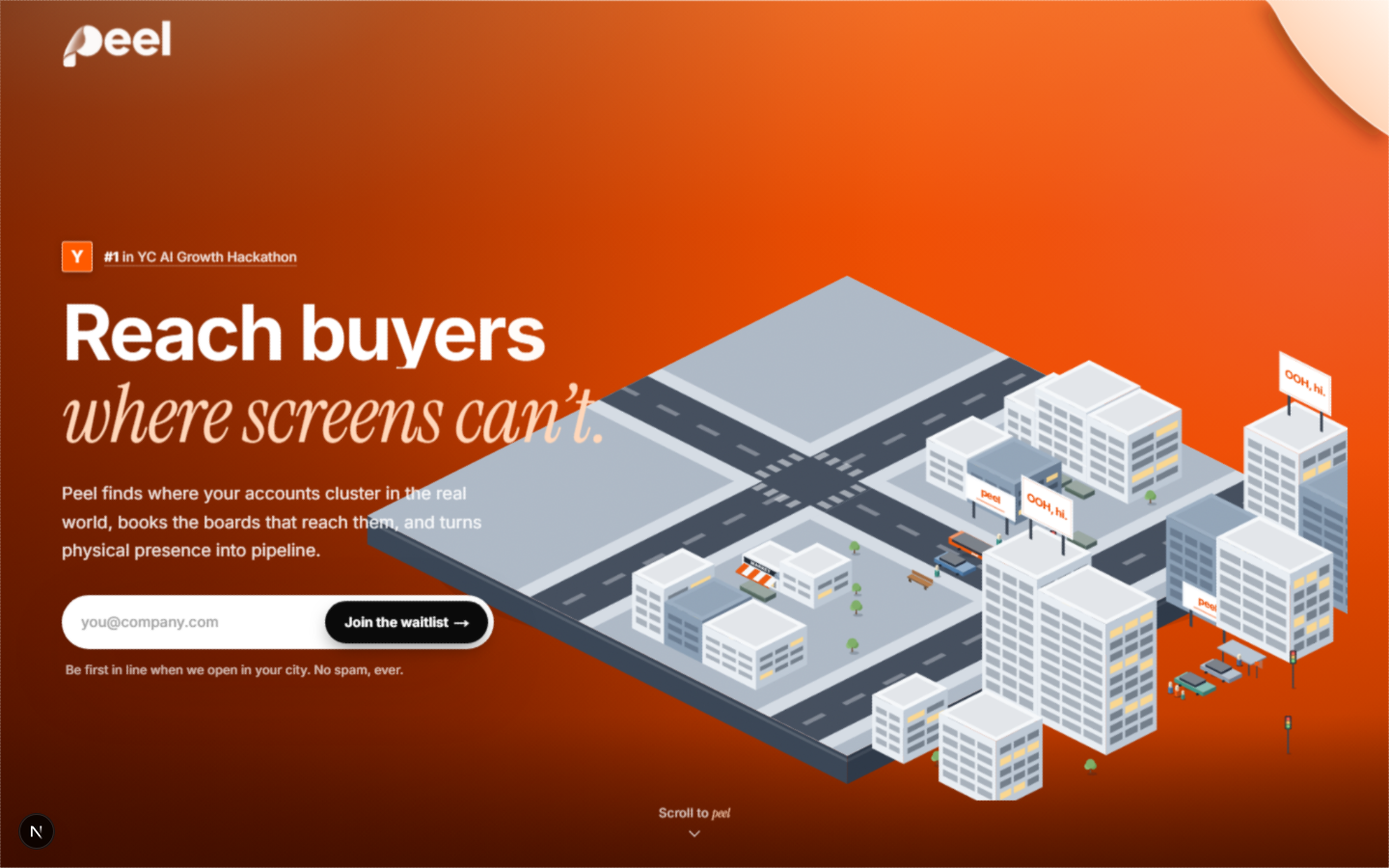 The live Peel landing page with an orange isometric city, billboards, the line Reach buyers where screens cannot, and a first-place hackathon badge