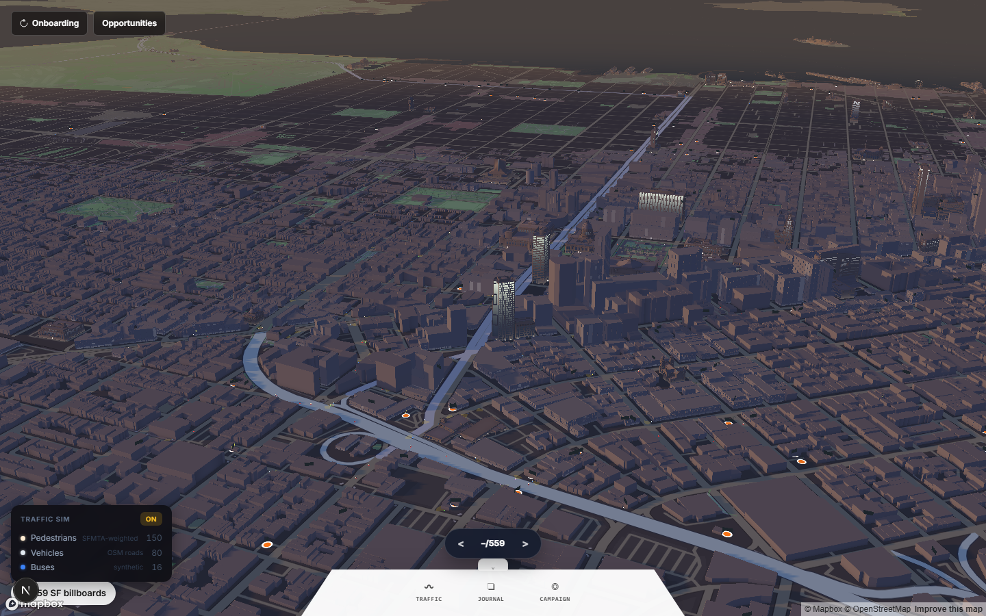 The live Orangeboard 3D map showing San Francisco, billboard markers, the traffic simulator, 150 pedestrians, 80 vehicles, 16 synthetic buses, and the 559-board inventory label