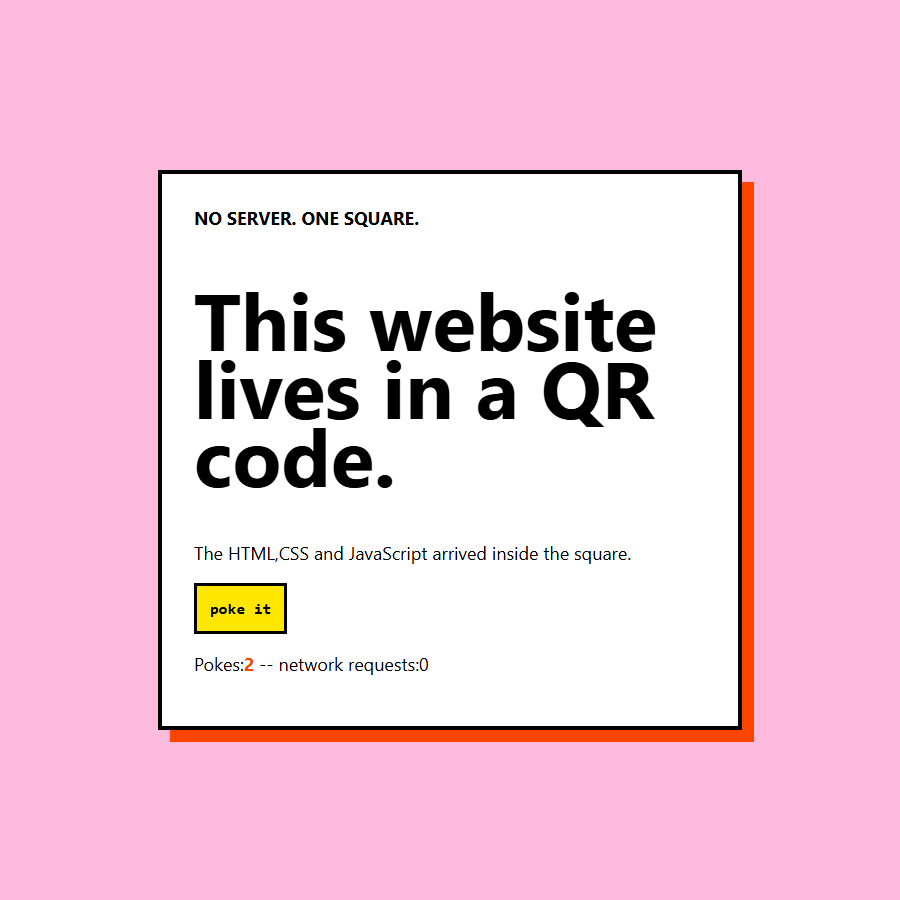 The decoded QR website running in offline Chromium with a pink background after two button clicks